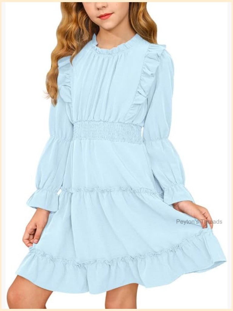 Girls Long Puff Sleeve Tiered Dress Smocked Pleated Ruffle Trim